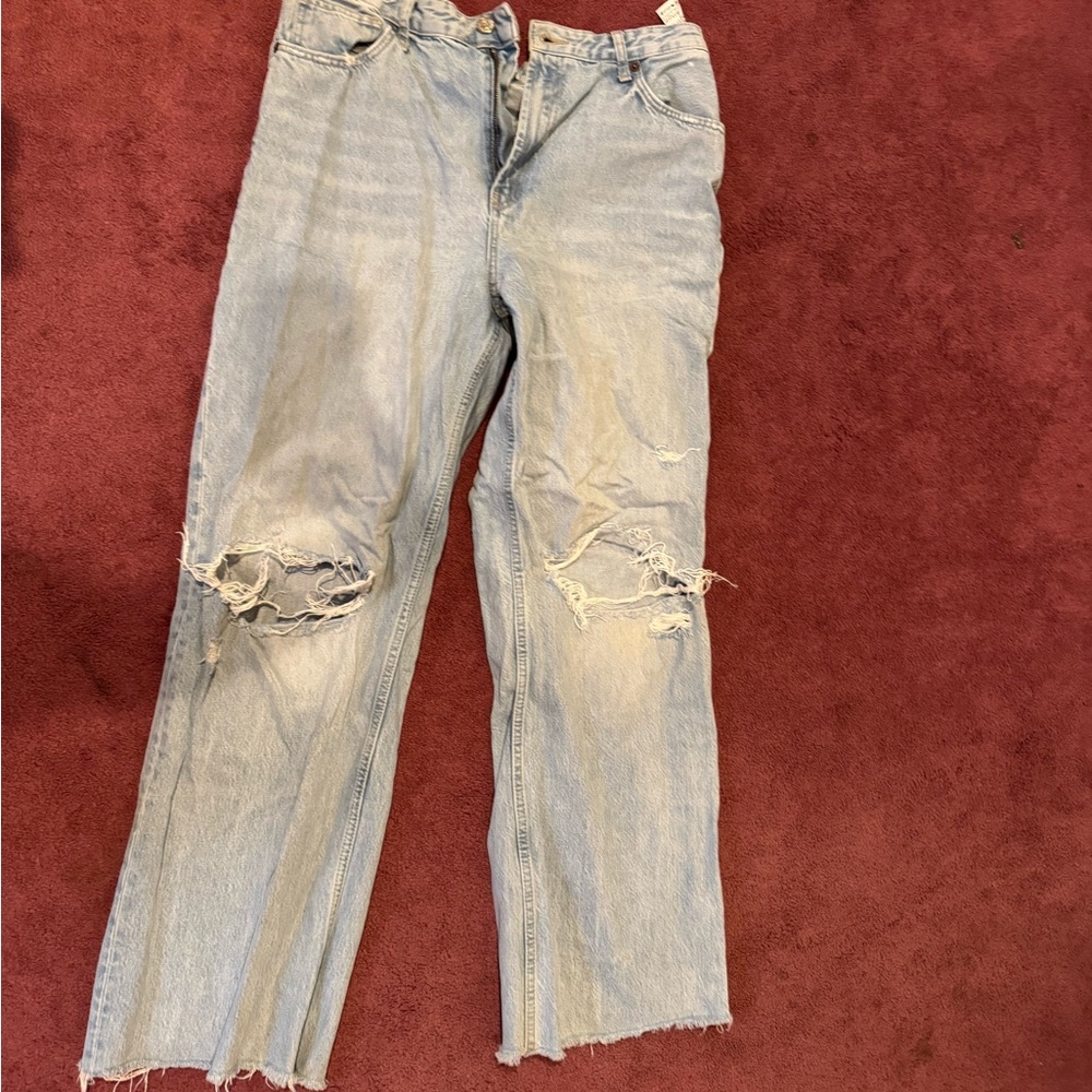 Zara Light Blue Distressed Straight Leg Jeans